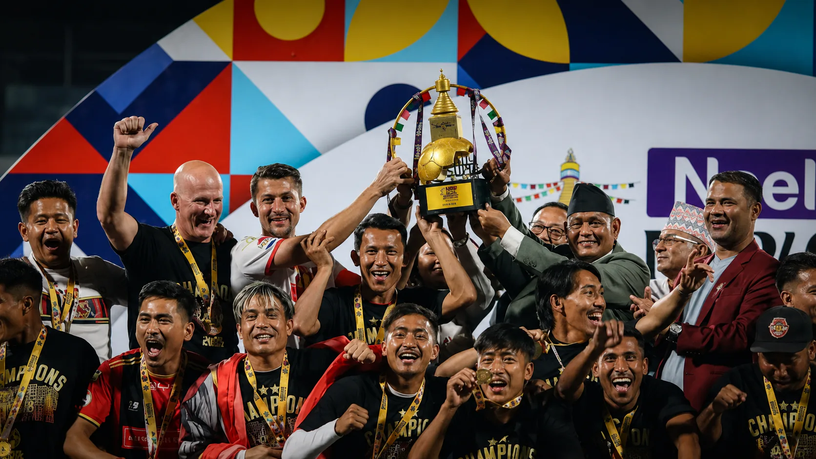Lalitpur City FC celebrating an NSL championship with the trophy